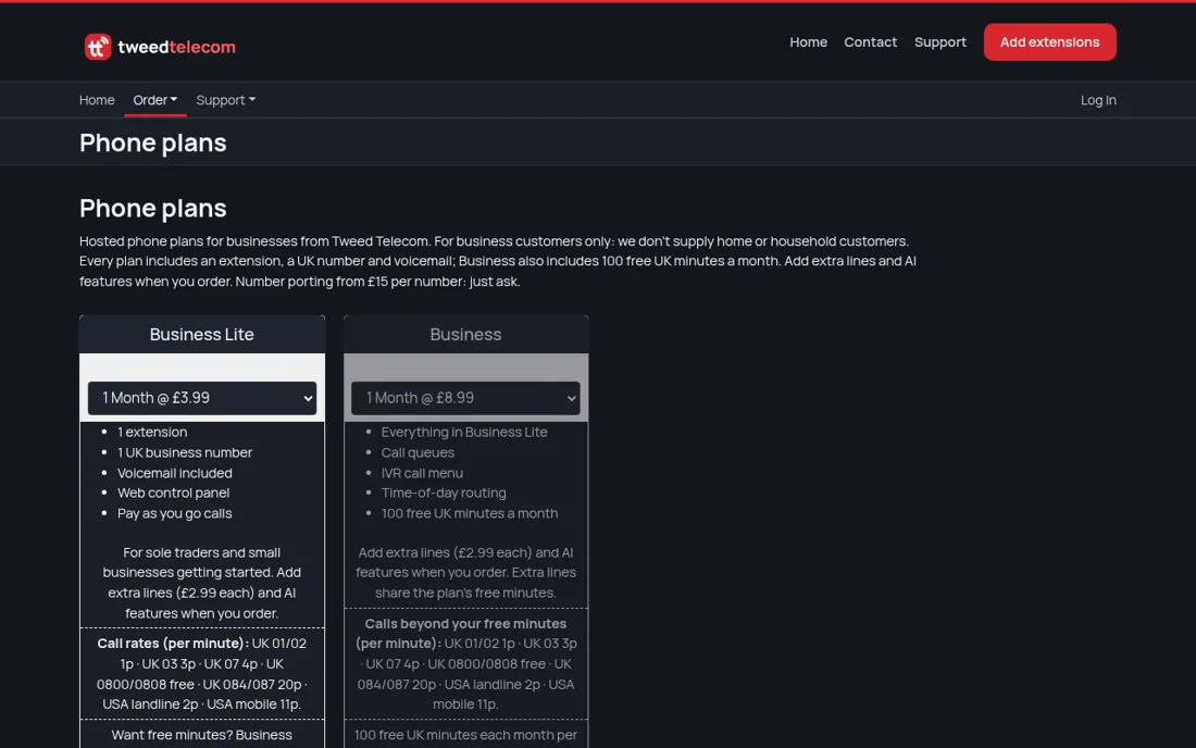 Choosing a plan in the Tweed Telecom client area
